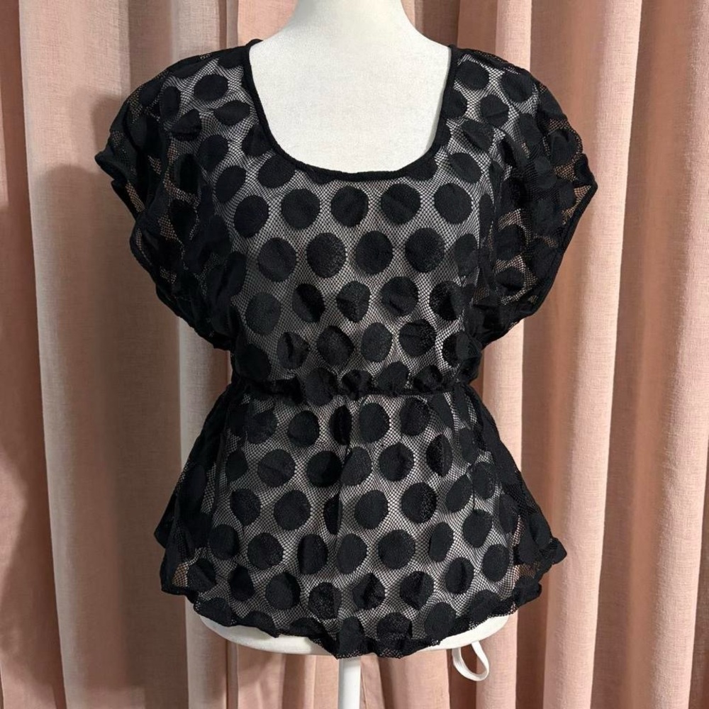 Black Polka Dot Mesh Peplum Babydoll Top